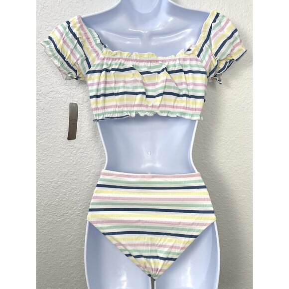 COCOFREE Womens XL Pastel Stripe Puff Sleeve Bandeau High Waist BIKINI Swimsuit - Picture 2 of 8